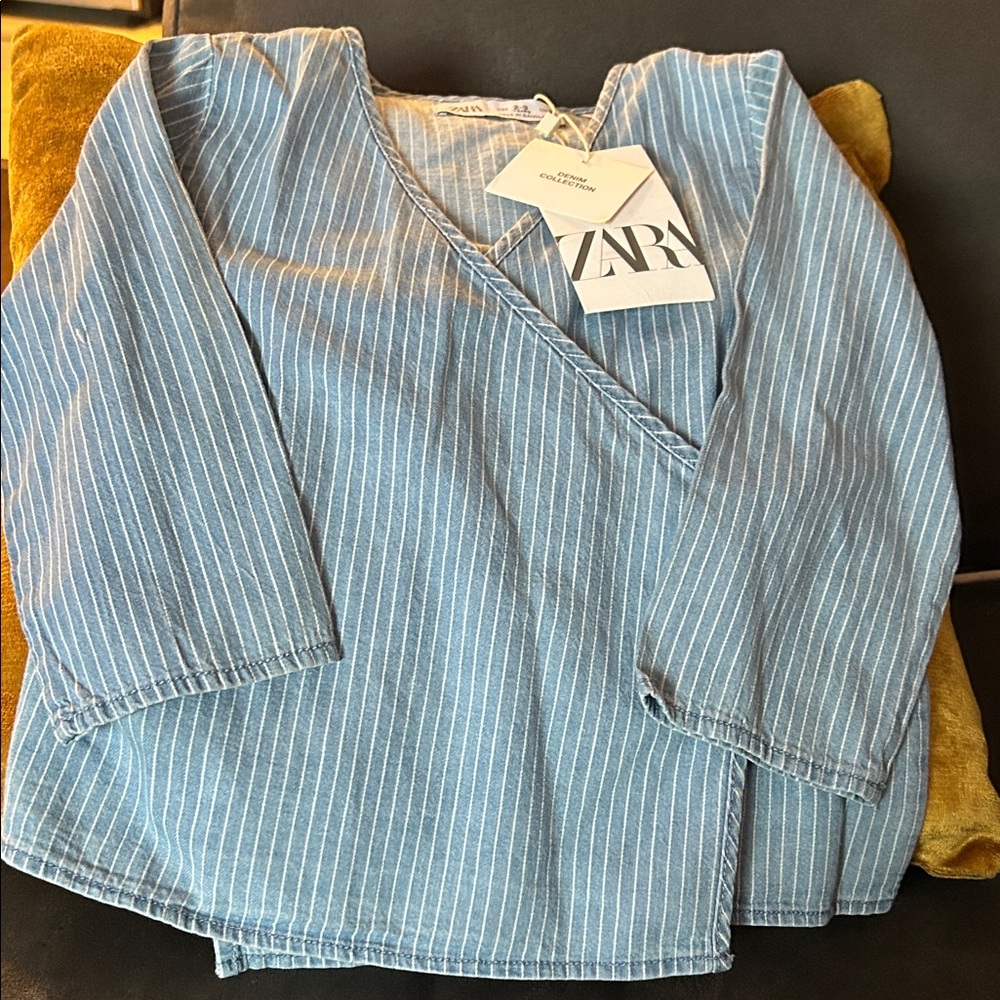 Zara Denim Blue Pinstripe Blouse